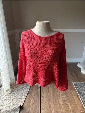 Molly Bracken Coral-Red Open Knit Crewneck Sweater